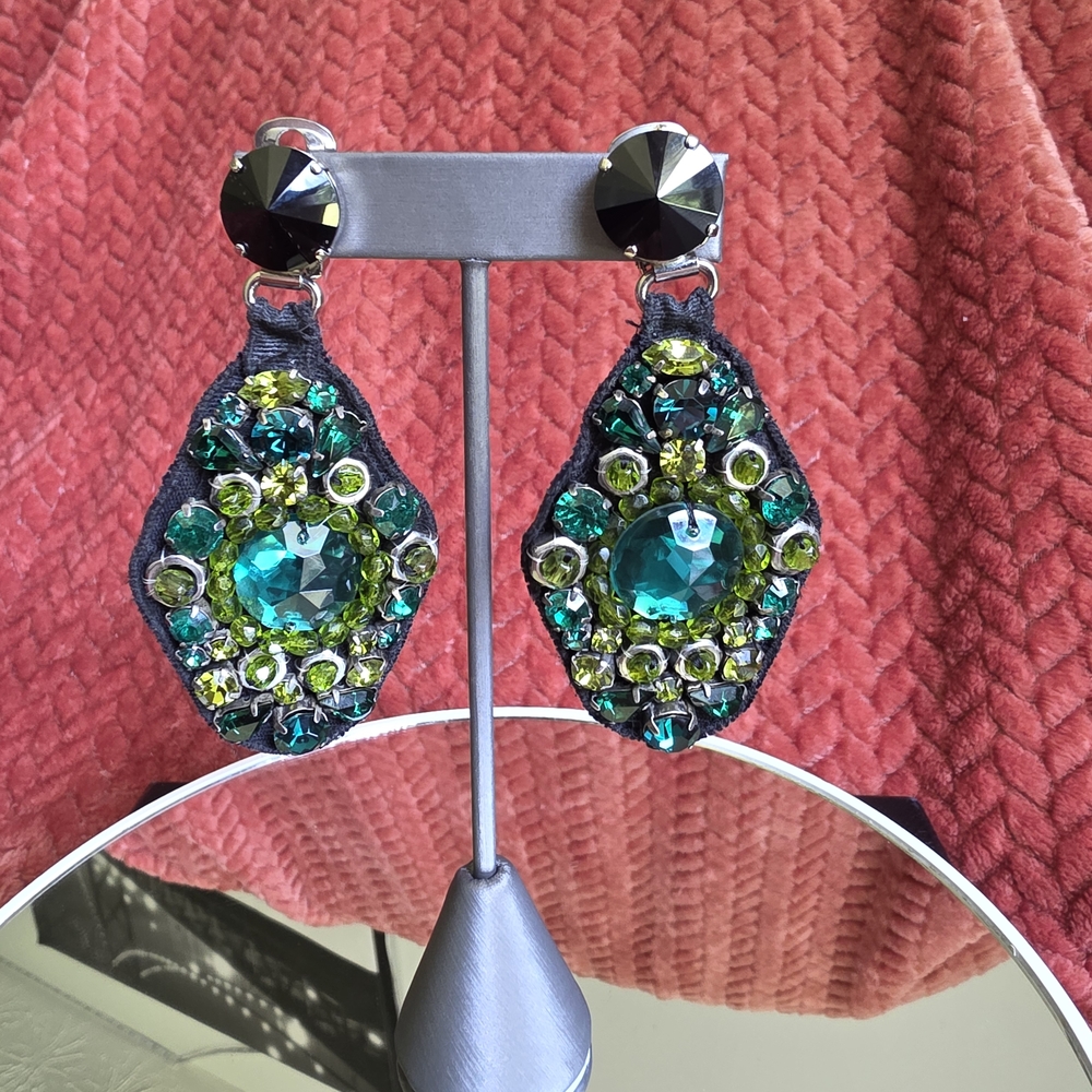 Stunning Prada Green Crystals Black Fabric Earings